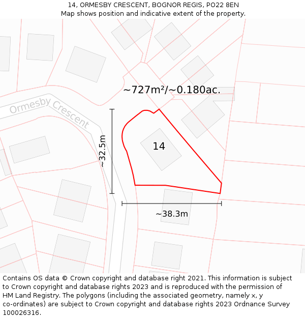 14, ORMESBY CRESCENT, BOGNOR REGIS, PO22 8EN: Plot and title map