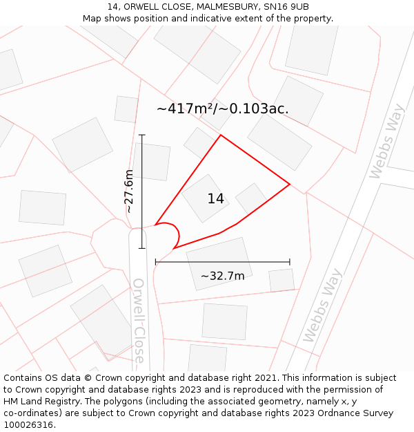 14, ORWELL CLOSE, MALMESBURY, SN16 9UB: Plot and title map