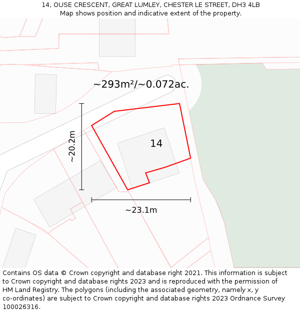 14, OUSE CRESCENT, GREAT LUMLEY, CHESTER LE STREET, DH3 4LB: Plot and title map