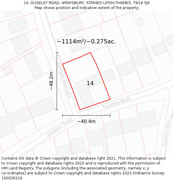 14, OUSELEY ROAD, WRAYSBURY, STAINES-UPON-THAMES, TW19 5JA: Plot and title map