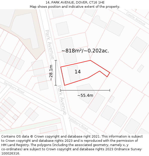 14, PARK AVENUE, DOVER, CT16 1HE: Plot and title map