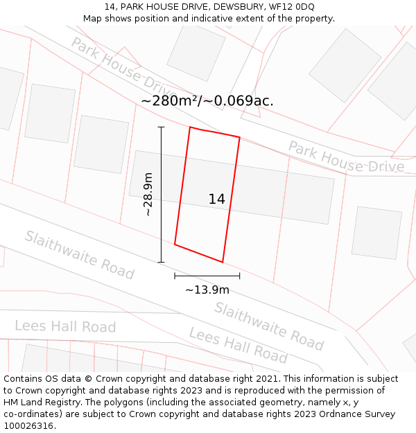 14, PARK HOUSE DRIVE, DEWSBURY, WF12 0DQ: Plot and title map