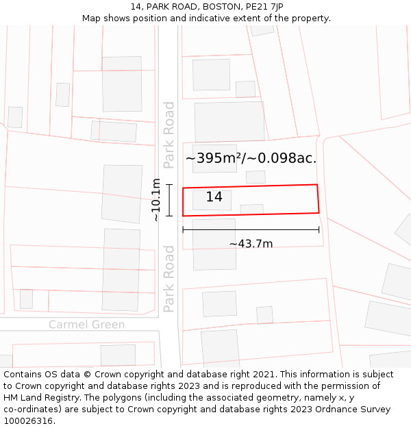 14, PARK ROAD, BOSTON, PE21 7JP: Plot and title map