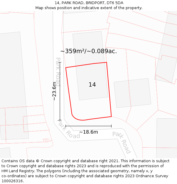 14, PARK ROAD, BRIDPORT, DT6 5DA: Plot and title map