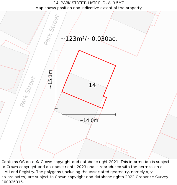 14, PARK STREET, HATFIELD, AL9 5AZ: Plot and title map