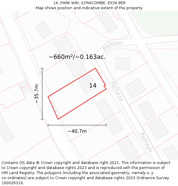 14, PARK WAY, ILFRACOMBE, EX34 8ER: Plot and title map