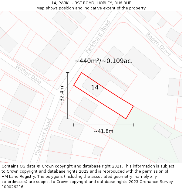 14, PARKHURST ROAD, HORLEY, RH6 8HB: Plot and title map