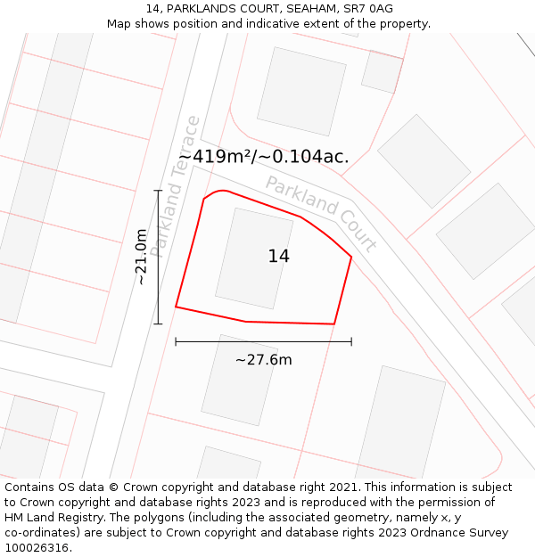 14, PARKLANDS COURT, SEAHAM, SR7 0AG: Plot and title map