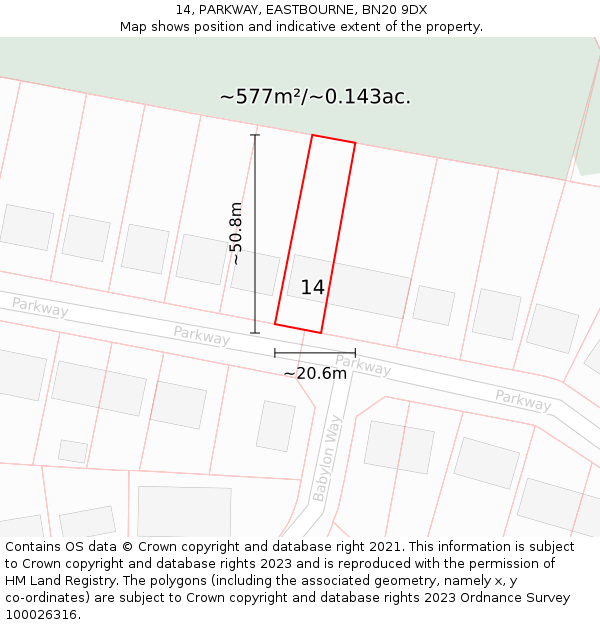 14, PARKWAY, EASTBOURNE, BN20 9DX: Plot and title map