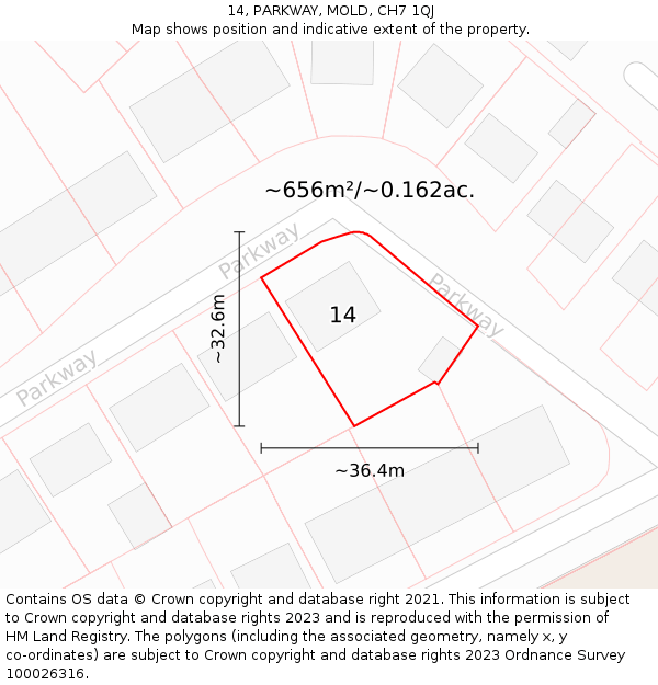 14, PARKWAY, MOLD, CH7 1QJ: Plot and title map