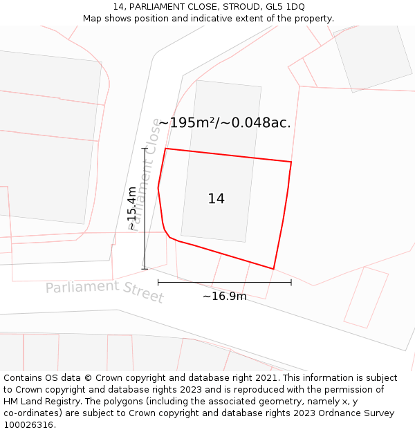 14, PARLIAMENT CLOSE, STROUD, GL5 1DQ: Plot and title map