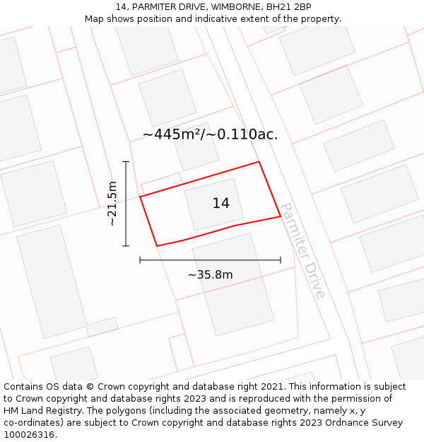 14, PARMITER DRIVE, WIMBORNE, BH21 2BP: Plot and title map