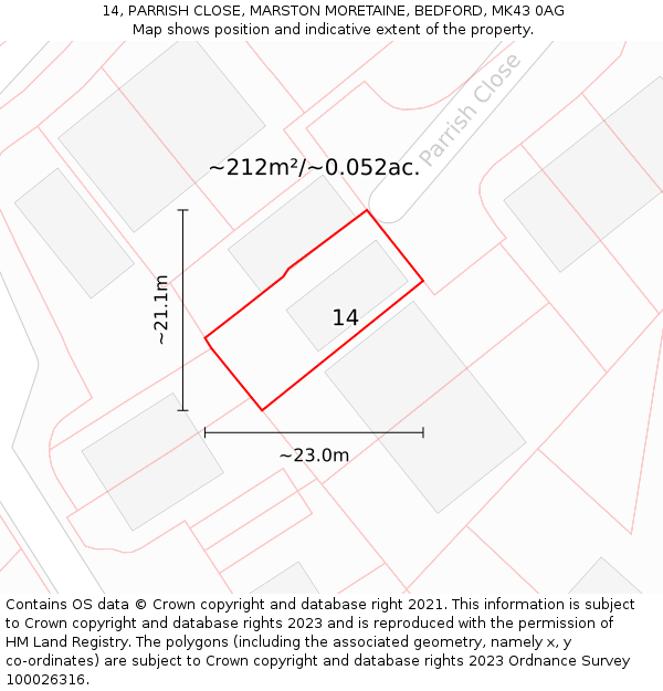 14, PARRISH CLOSE, MARSTON MORETAINE, BEDFORD, MK43 0AG: Plot and title map