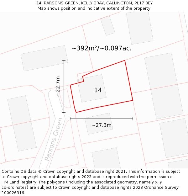 14, PARSONS GREEN, KELLY BRAY, CALLINGTON, PL17 8EY: Plot and title map