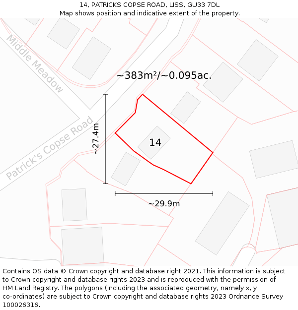 14, PATRICKS COPSE ROAD, LISS, GU33 7DL: Plot and title map