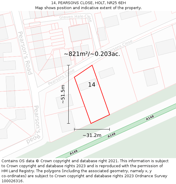 14, PEARSONS CLOSE, HOLT, NR25 6EH: Plot and title map