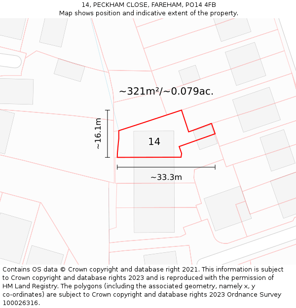 14, PECKHAM CLOSE, FAREHAM, PO14 4FB: Plot and title map