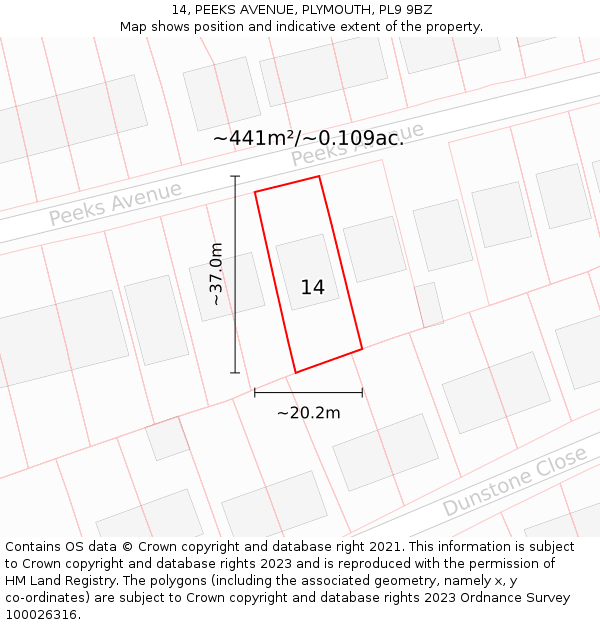 14, PEEKS AVENUE, PLYMOUTH, PL9 9BZ: Plot and title map