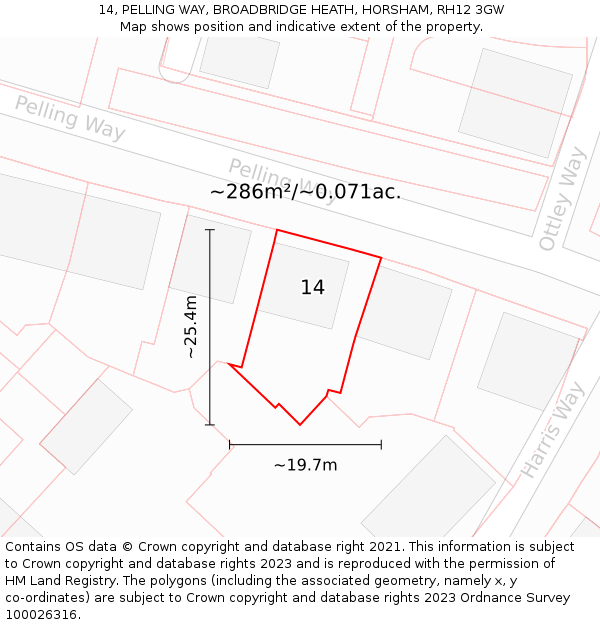 14, PELLING WAY, BROADBRIDGE HEATH, HORSHAM, RH12 3GW: Plot and title map