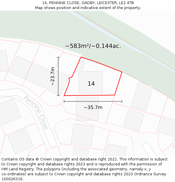 14, PENNINE CLOSE, OADBY, LEICESTER, LE2 4TB: Plot and title map