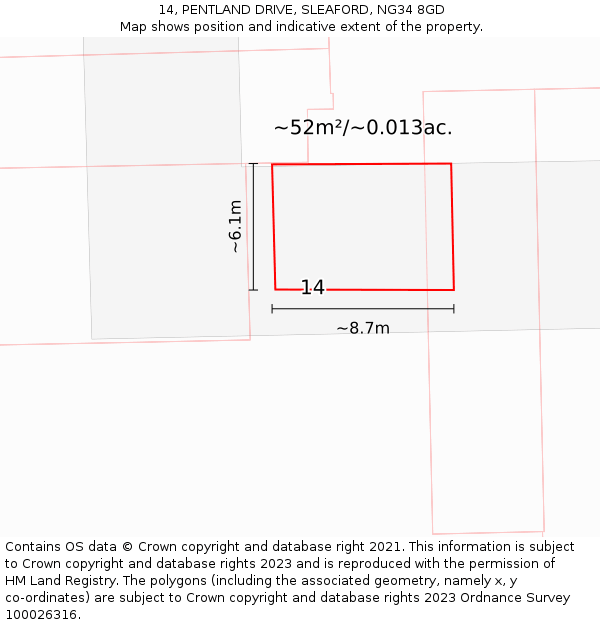 14, PENTLAND DRIVE, SLEAFORD, NG34 8GD: Plot and title map