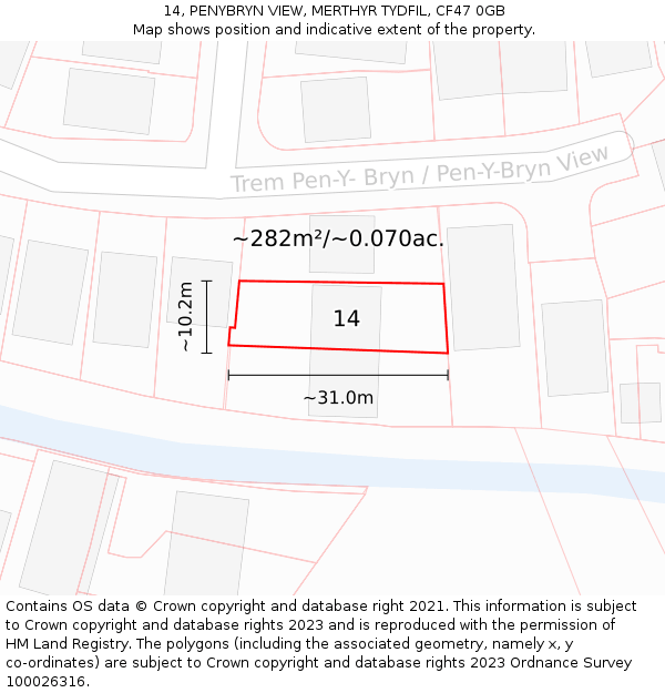 14, PENYBRYN VIEW, MERTHYR TYDFIL, CF47 0GB: Plot and title map