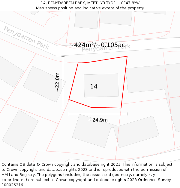 14, PENYDARREN PARK, MERTHYR TYDFIL, CF47 8YW: Plot and title map