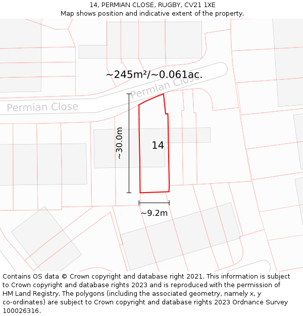 14, PERMIAN CLOSE, RUGBY, CV21 1XE: Plot and title map