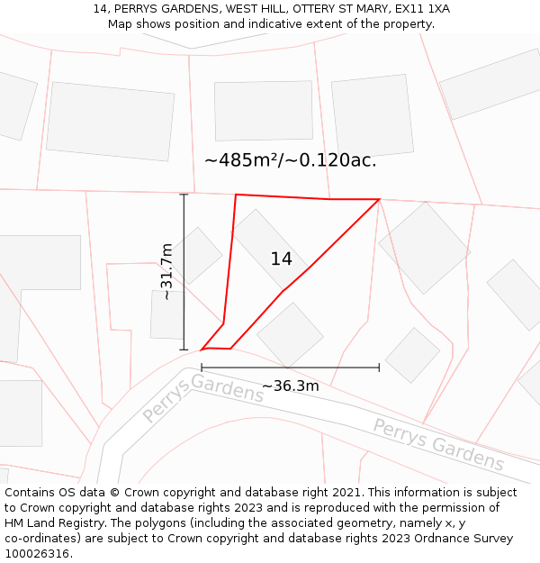 14, PERRYS GARDENS, WEST HILL, OTTERY ST MARY, EX11 1XA: Plot and title map