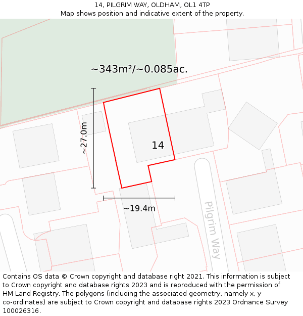 14, PILGRIM WAY, OLDHAM, OL1 4TP: Plot and title map