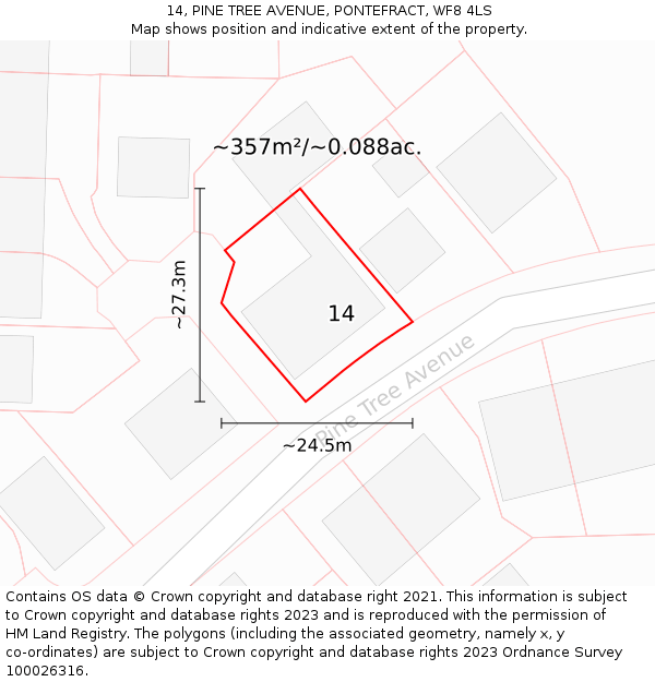 14, PINE TREE AVENUE, PONTEFRACT, WF8 4LS: Plot and title map