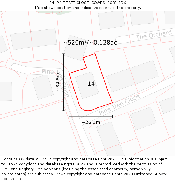 14, PINE TREE CLOSE, COWES, PO31 8DX: Plot and title map