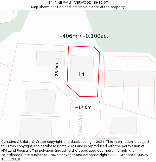 14, PINE WALK, VERWOOD, BH31 6TJ: Plot and title map