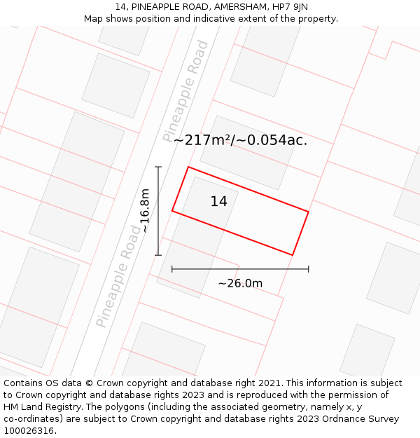 14, PINEAPPLE ROAD, AMERSHAM, HP7 9JN: Plot and title map