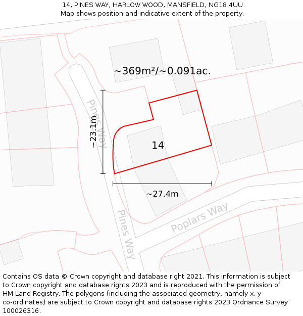 14, PINES WAY, HARLOW WOOD, MANSFIELD, NG18 4UU: Plot and title map