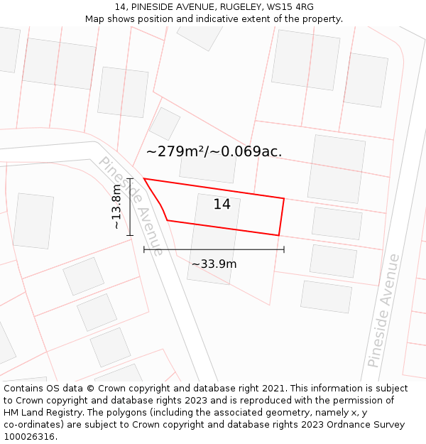 14, PINESIDE AVENUE, RUGELEY, WS15 4RG: Plot and title map