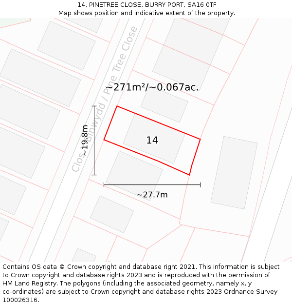 14, PINETREE CLOSE, BURRY PORT, SA16 0TF: Plot and title map