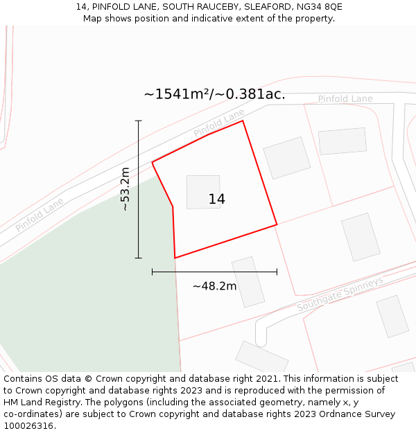 14, PINFOLD LANE, SOUTH RAUCEBY, SLEAFORD, NG34 8QE: Plot and title map