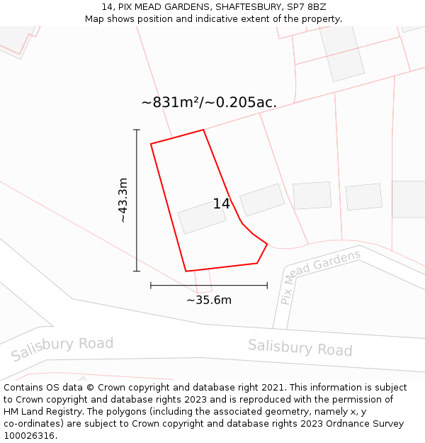 14, PIX MEAD GARDENS, SHAFTESBURY, SP7 8BZ: Plot and title map