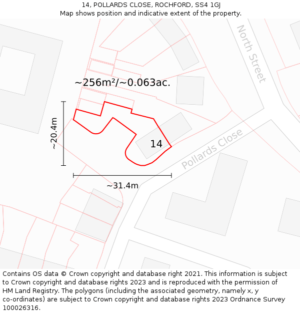 14, POLLARDS CLOSE, ROCHFORD, SS4 1GJ: Plot and title map