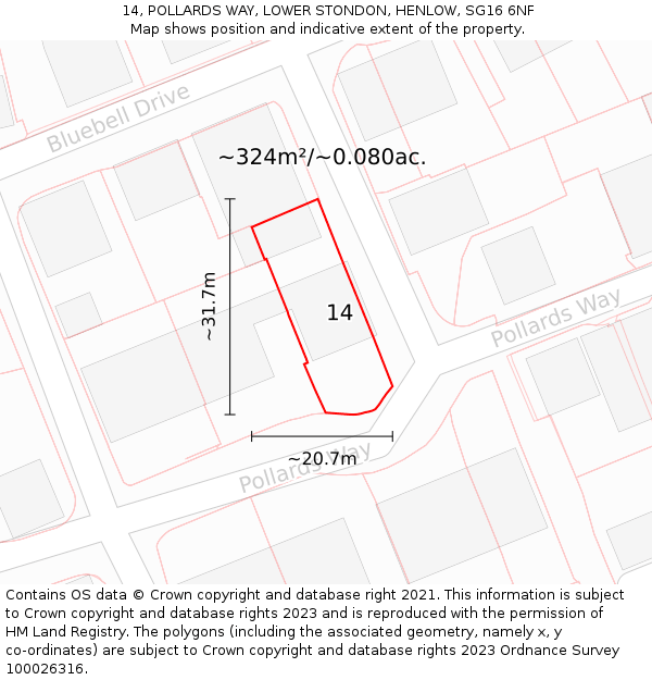 14, POLLARDS WAY, LOWER STONDON, HENLOW, SG16 6NF: Plot and title map