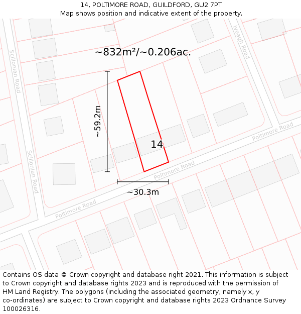 14, POLTIMORE ROAD, GUILDFORD, GU2 7PT: Plot and title map