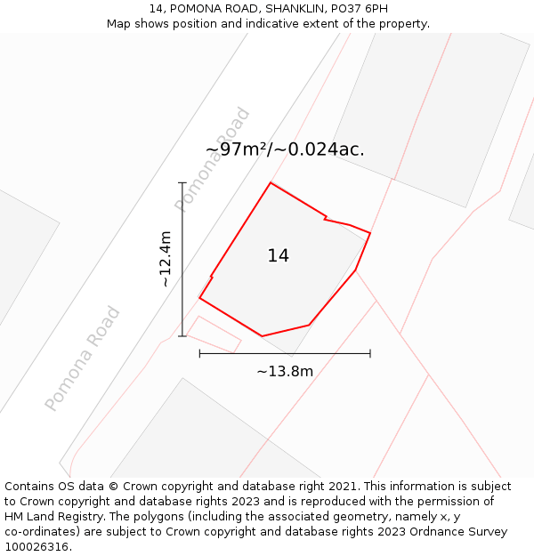 14, POMONA ROAD, SHANKLIN, PO37 6PH: Plot and title map