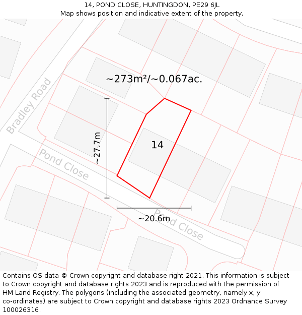 14, POND CLOSE, HUNTINGDON, PE29 6JL: Plot and title map