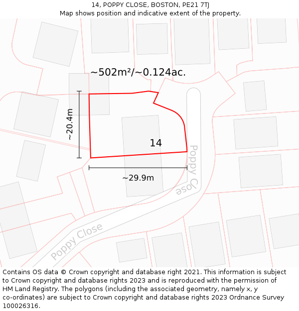 14, POPPY CLOSE, BOSTON, PE21 7TJ: Plot and title map