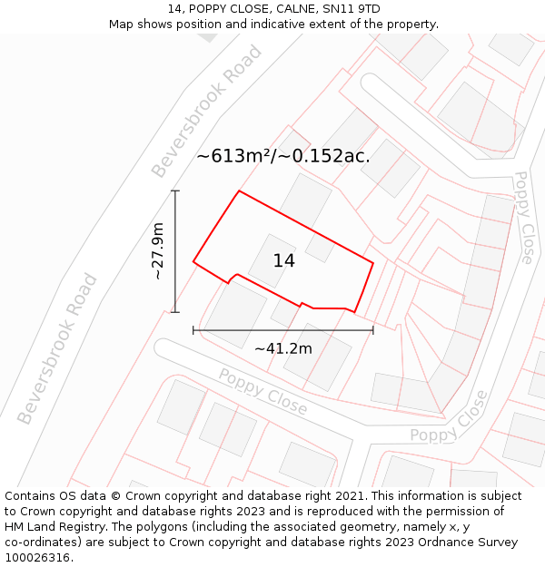 14, POPPY CLOSE, CALNE, SN11 9TD: Plot and title map