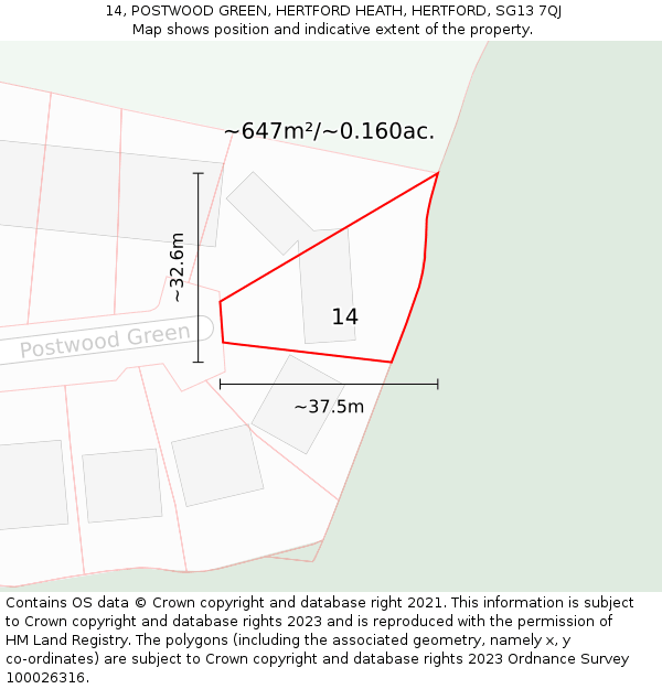 14, POSTWOOD GREEN, HERTFORD HEATH, HERTFORD, SG13 7QJ: Plot and title map