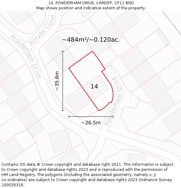 14, POWDERHAM DRIVE, CARDIFF, CF11 8ND: Plot and title map