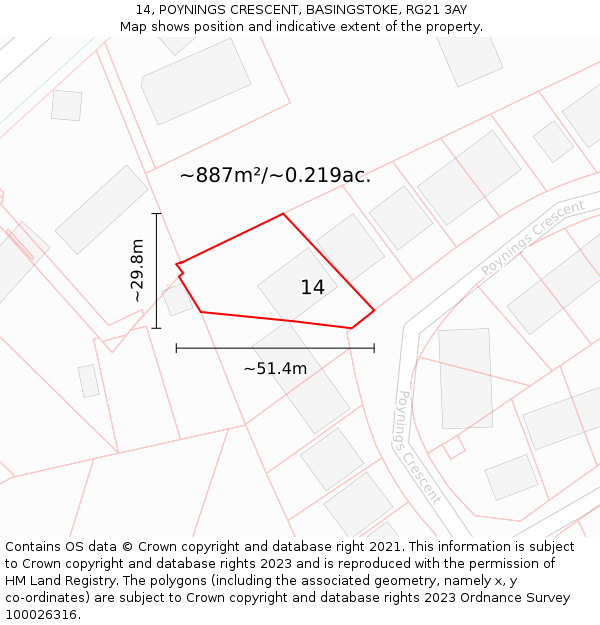 14, POYNINGS CRESCENT, BASINGSTOKE, RG21 3AY: Plot and title map