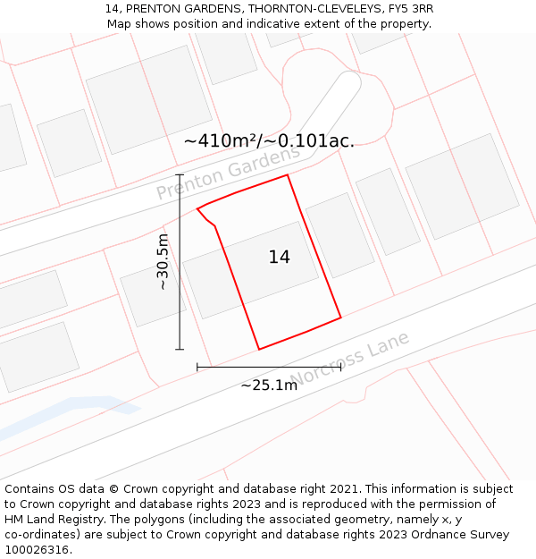 14, PRENTON GARDENS, THORNTON-CLEVELEYS, FY5 3RR: Plot and title map